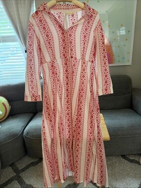 Red and White Patterned Long Sleeve Maxi Dress - Women
